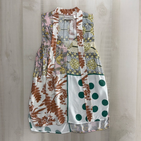 MOULINETTE SOEURS Anthropologie patchwork printed bow blouse top pink work - Picture 4 of 8